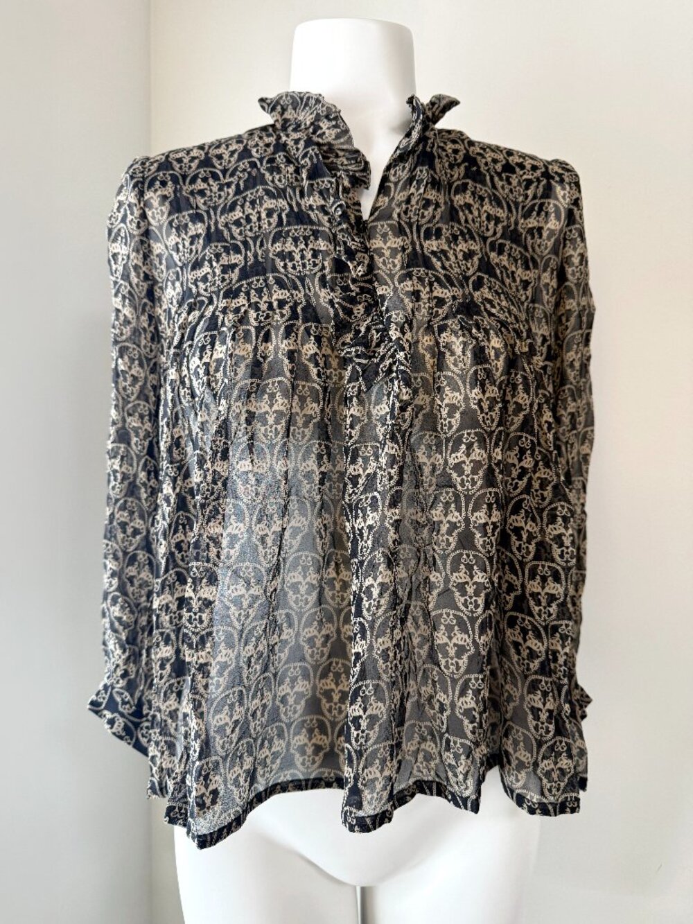 Authentic Thomas Wylde Black & Beige Skull Print Silk Top with Ruffled Neck